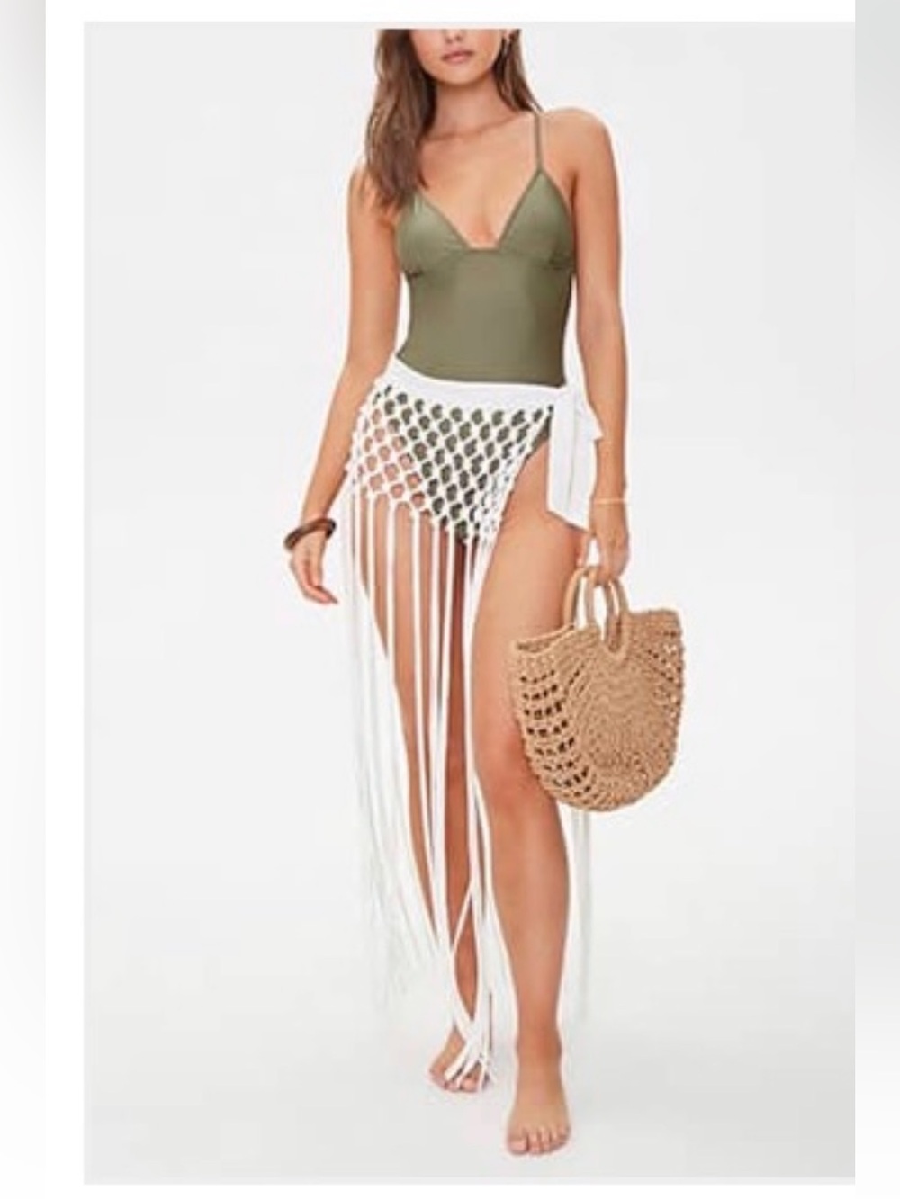 Fringe Sarong Swim Cover Up knit beach cover up White NWT